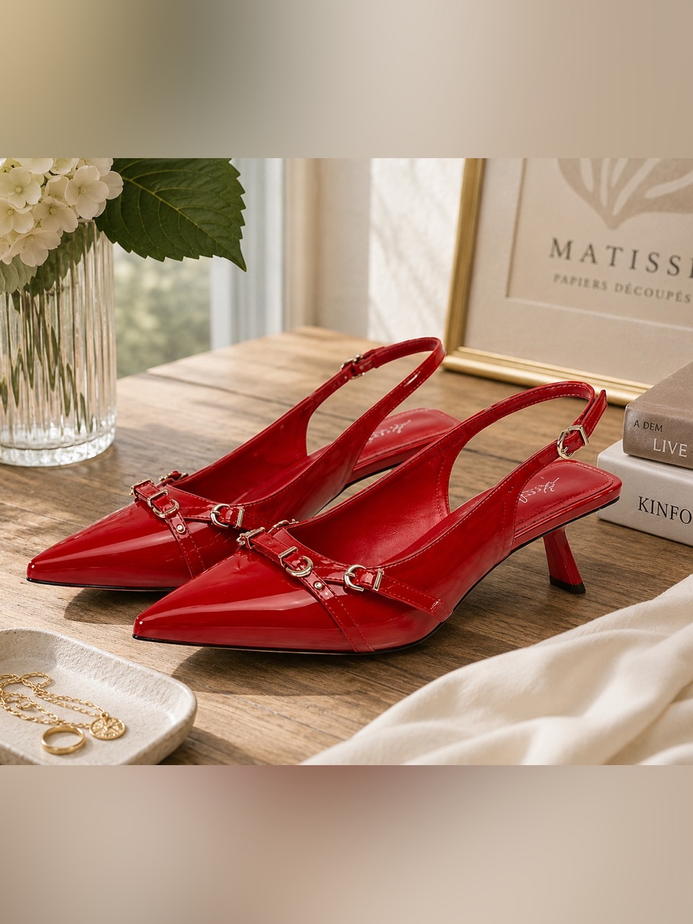Mostrin Red Patent Leather Slingback Pointed-Toe Kitten Pumps Gold Size 9.5